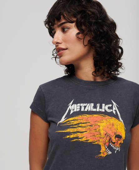 Superdry Metallica x Ladies Classic Graphic Print Cap Sleeve Band T-Shirt, Dark Grey, Size: 12
