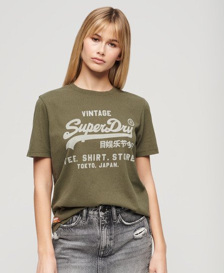 Superdry Women's Vintage Logo Heritage Relaxed T-Shirt Green / Khaki Marl