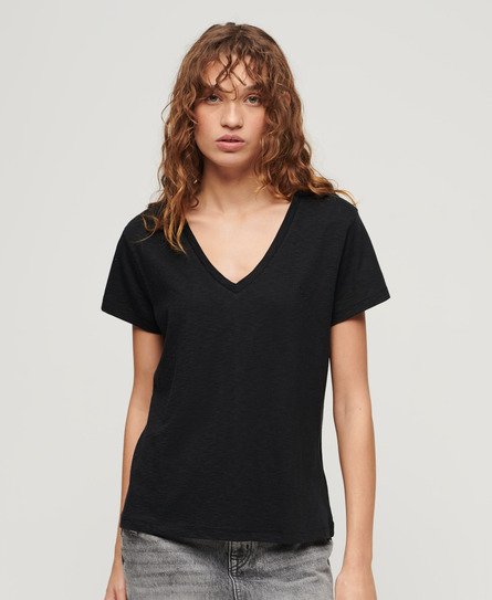 Superdry Women’s Ladies Classic Embroidered Slub V-Neck T-Shirt, Black, Size: 12