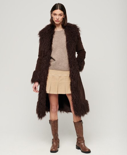 Superdry Women’s Faux Fur Lined Longline Afghan Coat Brown / Dark Brown Cord - Size: 10