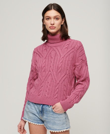 Superdry Women’s Twist Cable Knit Polo Neck Jumper Pink / Papaya Pink Twist - Size: 16