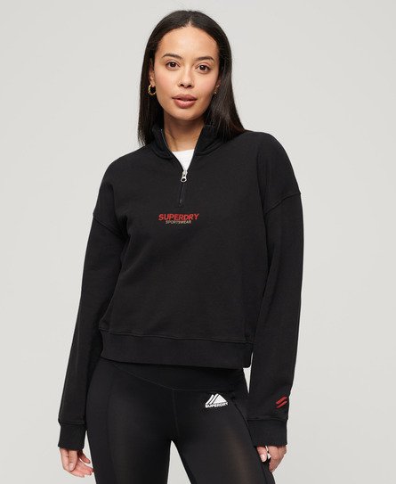 Superdry Damen Kastiges Sportswear Logo Sweatshirt mit Halbem Reißverschluss Schwarz
