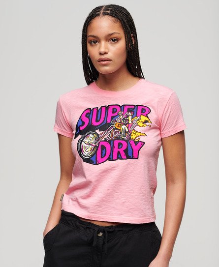 Superdry Women’s Neon Motor Graphic Fitted T-Shirt Pink / Romance Rose Pink Slub - Size: 16