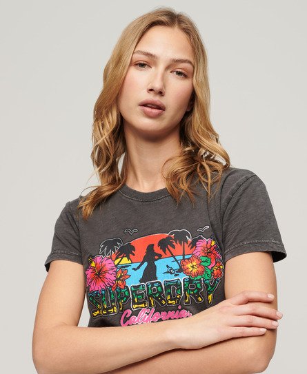 Superdry Damen Figurbetontes T-Shirt mit Cali-Sticker Schwarz