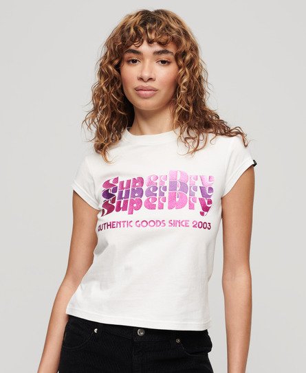 Superdry Damen Retro T-Shirt mit Glitzer-Logo Creme