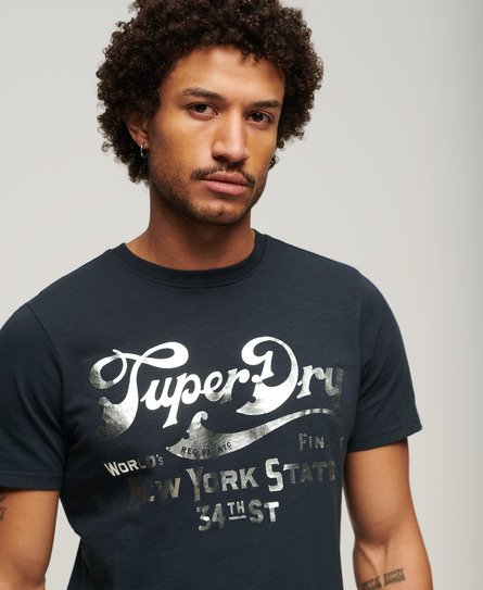 Superdry Homme, T-Shirt Imprimé Workwear à Motif Métallisé, Bleu Marine,