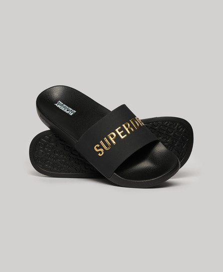 Superdry Men’s Vegan Logo Pool Sliders Black / Black/Metallic Gold - Size: 10-11
