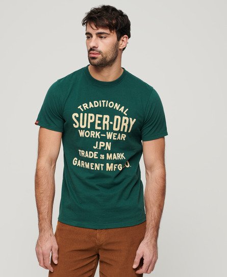 Superdry Herren Workwear Flock T-Shirt mit Grafik Grün