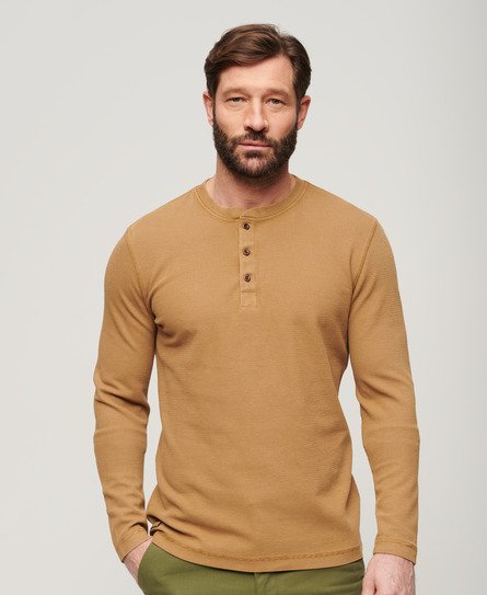 Superdry Men’s Waffle Long Sleeve Henley Top Brown / Classic Brown Camel - Size: L