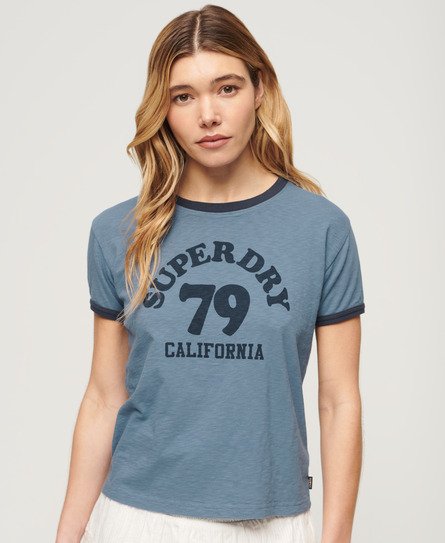 Superdry Women’s Athletic Essentials Beach Graphic Ringer T-Shirt Blue / Wedgewood Blue - Size: 14