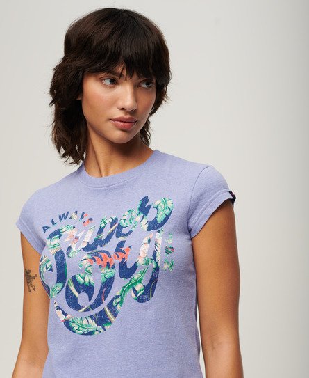Superdry Femme T-shirt à Mancherons Avec Inscription Florale Violet