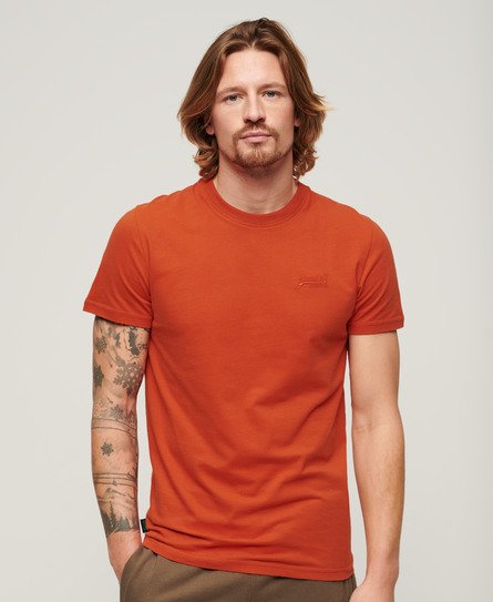 Superdry Mens Classic Embroidered Organic Cotton Essential Logo T-Shirt, Orange, Size: XS
