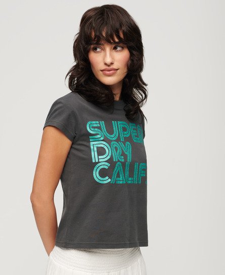 Superdry Damen Retro T-Shirt mit Glitzer-Logo Schwarz