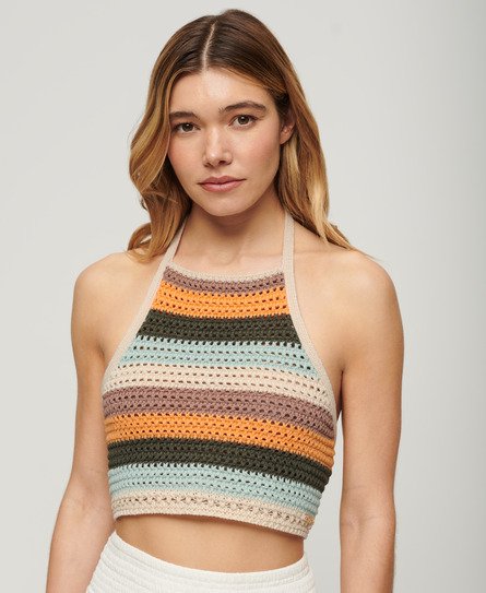 Superdry Women’s Cropped Halter Crochet Top Cream / Satsuma Stripe - Size: 12