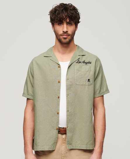Superdry Mens Classic Embroidered Resort Short Sleeve Shirt, Khaki Green, Size: S