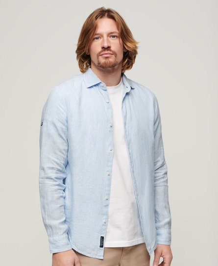 Superdry Men’s Casual Linen Long Sleeve Shirt Blue / Seafoam Blue Stripe - Size: S
