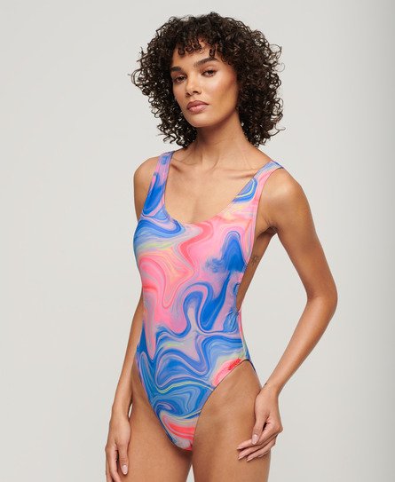 Superdry Women’s Printed Scoop Back Swimsuit Pink / Multi Marble - Size: 8