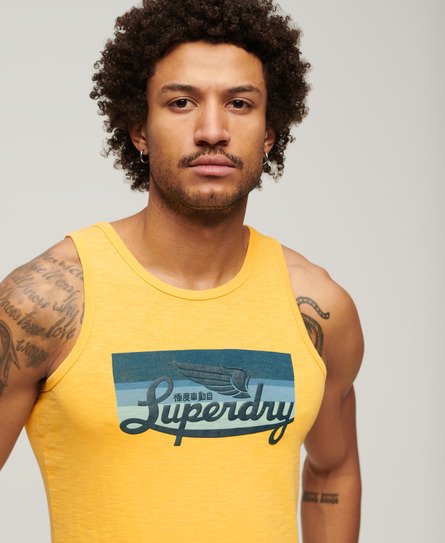 Superdry Mens Classic Cali Striped Logo Vest Top, Yellow, Size: XL