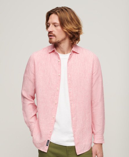 Superdry Men’s Casual Linen Long Sleeve Shirt Pink / New House Pink Stripe - Size: S