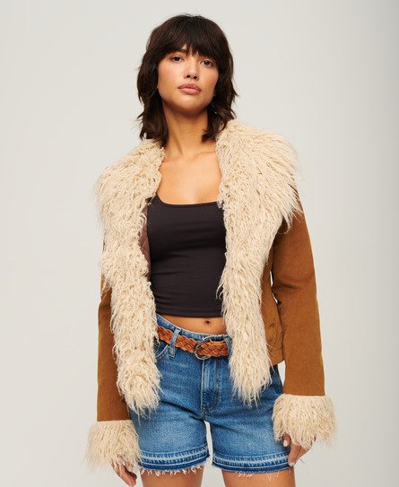 Superdry Women’s Crop Quilt Line Afghan Jacket, Brown, Size: 10