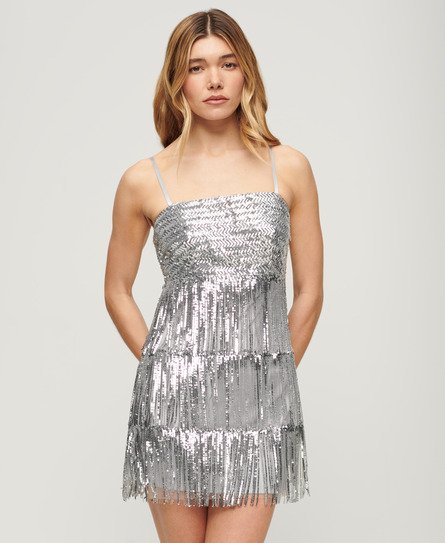 Superdry Women’s Fringe Cami Mini Dress Silver / Silver Fringe Sequin - Size: 16