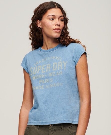 Superdry Women’s Indigo Workwear Cap Sleeve T-Shirt Blue / Bleach Indigo Wash - Size: 8