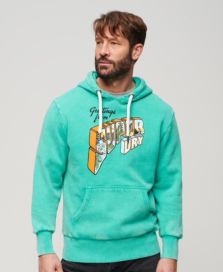 Superdry Men’s Neon Travel Graphic Loose Hoodie Green / Cool Green/yuvay Pink - Size: L