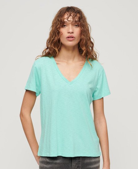 Superdry Women’s Slub Embroidered V-Neck T-Shirt Green / Fluro Mint - Size: 16