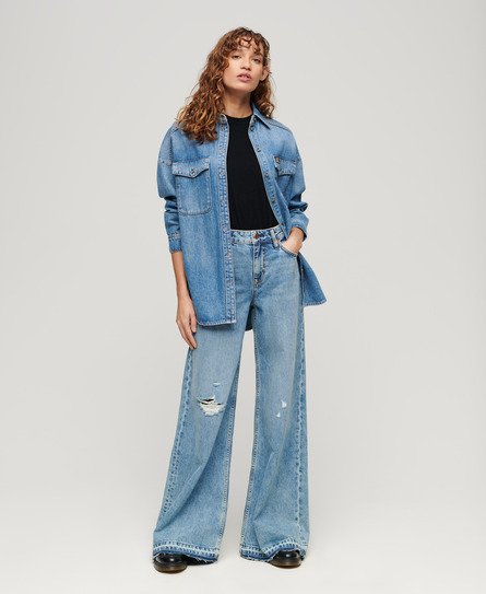 Superdry Vrouwen Jeans met Uitlopende Pijpen en Onafgewerkte Zoom Blauw