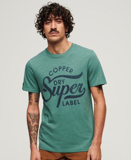 Superdry - men's copper label t-shirt mit schriftzug grün - größe: s