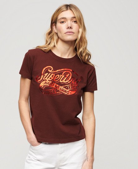 Superdry Damen Figurbetontes Workwear T-Shirt mit Folien-Print Braun