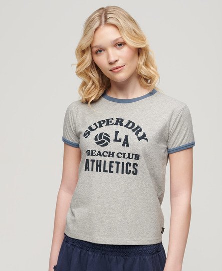 Superdry Women’s Athletic Essentials Beach Graphic Ringer T-Shirt Grey / Grey Marl - Size: 10