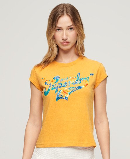Superdry Women's Floral Scripted Cap Sleeve T-Shirt Yellow / Amber Yellow Marl