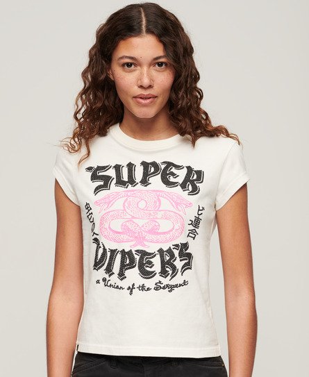 Superdry - women's verziertes t-shirt mit poster-print und flügelärmeln creme - größe: 38