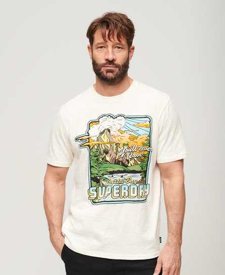 Superdry Men’s Neon Travel Graphic Loose T-Shirt White / Off White Slub - Size: XL