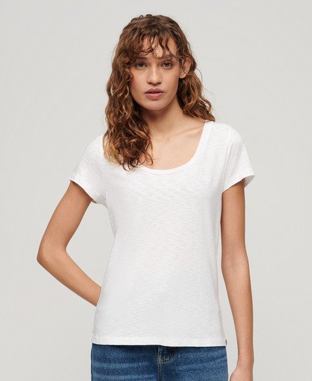 Superdry Ladies Classic Embroidered Scoop Neck T-Shirt, White, Size: 8