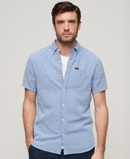Superdry Mens Lightweight Gingham Seersucker Short Sleeve Shirt, Dark Blue, Size: XL