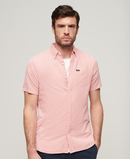 Superdry Mens Lightweight Gingham Seersucker Short Sleeve Shirt, Pink, Size: S