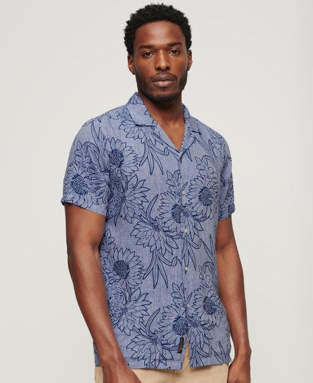 Superdry Men’s Open Collar Printed Linen Shirt Blue / Chrysanth Optic Outline Print - Size: L