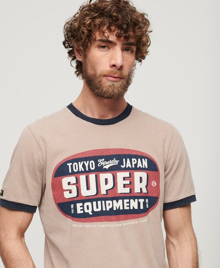 Superdry Mannen Workwear T-shirt met Print en Contrasterende Bies Beige