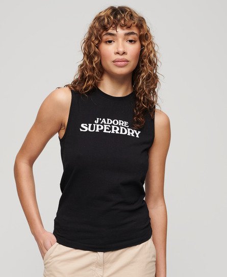Superdry Ladies Slim Fit Logo Print Sport Luxe Graphic Fitted Tank Top, Black, Size: 10