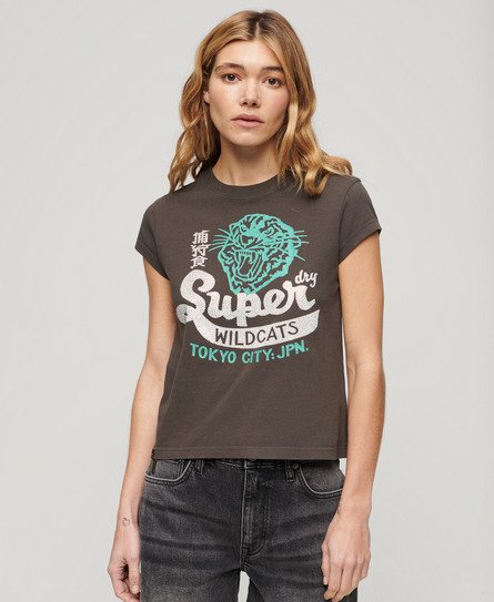 Superdry Femme T-shirt Fantaisie à Mancherons et Motif Affiches Gris Foncé