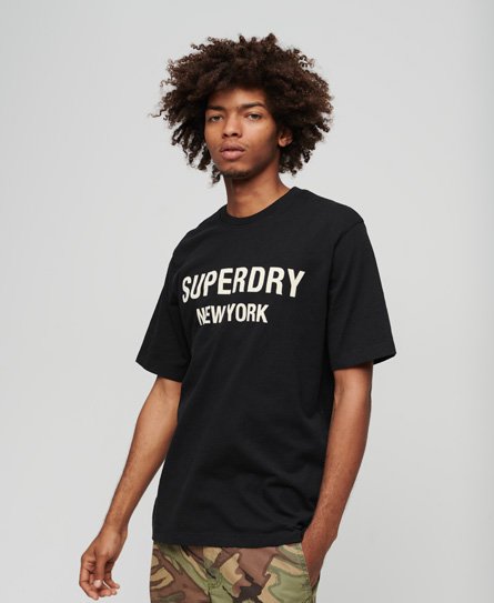 Superdry Men's Lightweight Logo Print Luxury Sport Loose T-Shirt, Black and White