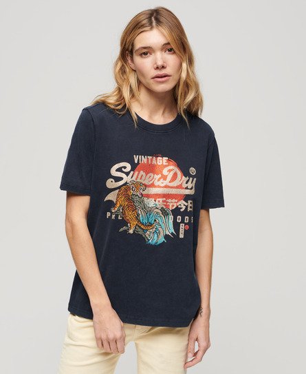 Superdry Femme, T-Shirt Imprimé Décontracté Tokyo, Bleu Marine,
