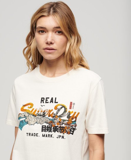 Superdry Vrouwen Tokyo T-shirt met Relaxte Pasvorm Crème