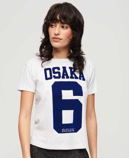 Superdry Women's Osaka 6 T-Shirt mit Flockdruck im 90er-Jahre-Stil Hellgrau