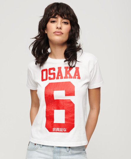 Superdry Dames T-Shirt À Imprimé Craquelé 90S Osaka 6, Blanc et Rouge,