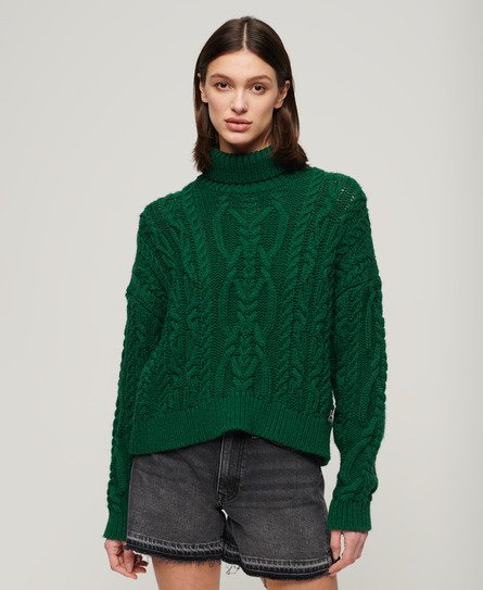 Superdry Women’s Vintage High Neck Cable Knit Jumper Green / Pine Green - Size: 12