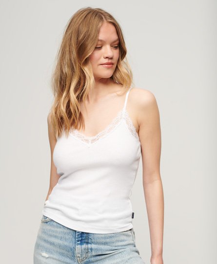 Superdry Women’s Organic Cotton Essential Rib Lace Cami Top White / Optic - Size: M/L