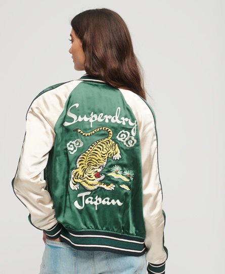 Superdry Women’s Fully lined Embroidered Sukajan Bomber Jacket, Green, Yellow and Cream, Size: 12